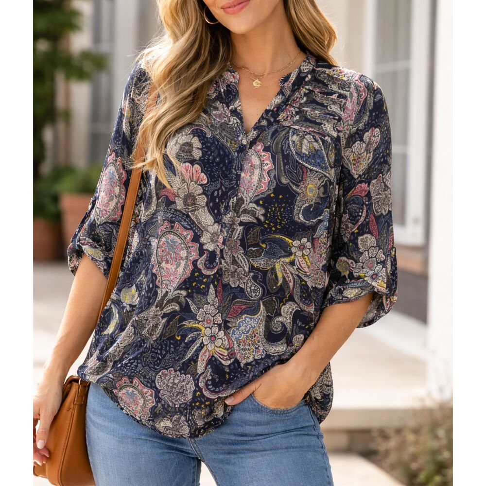 Black Rainn Paisley Blouse Women’s Small Navy Boho Roll Tab Sleeve Top